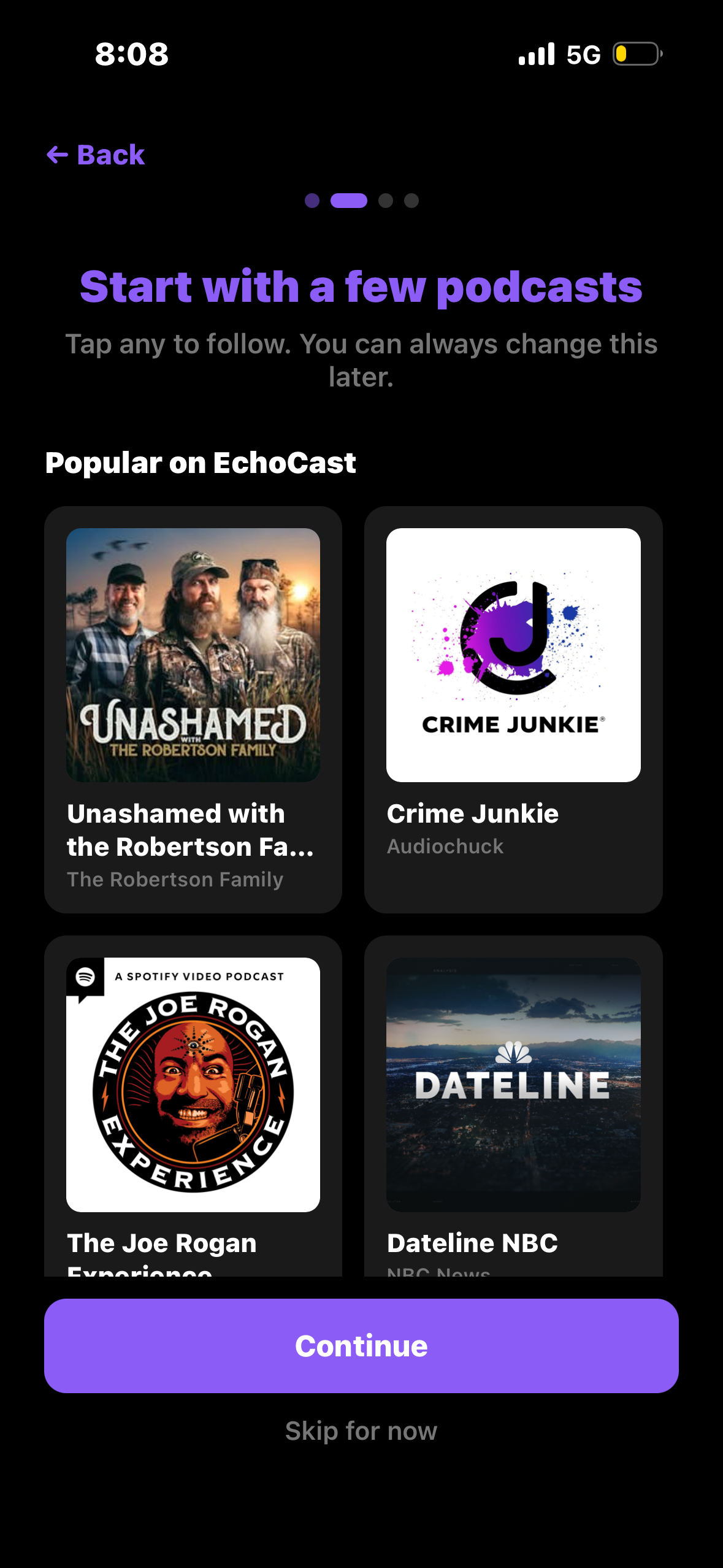 EchoCast app podcast discovery screen