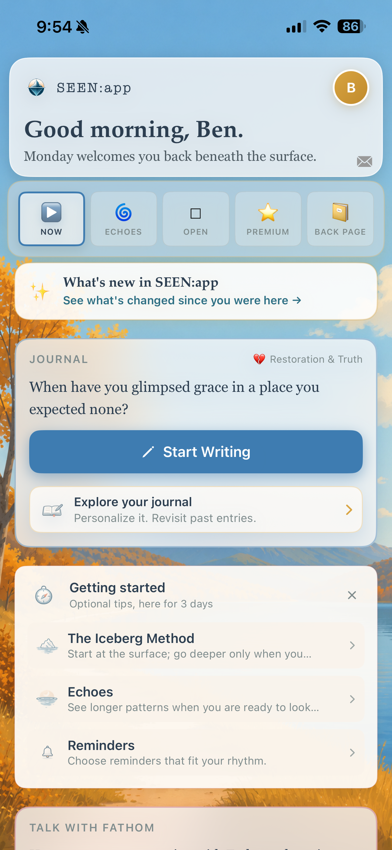 SEEN app home screen with journal prompt and Start Writing